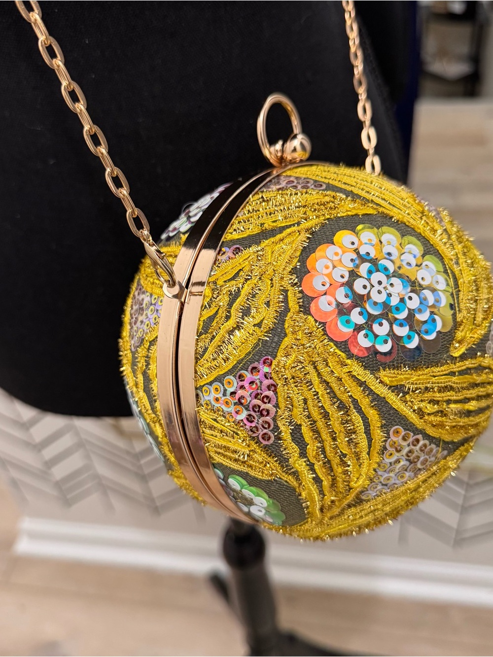 Yellow Floral Sequin Beaded Embroidered Round Statement Crossbody Bag